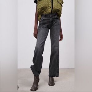 Zara High Waisted Faded Black Wide Leg Raw Hem Jeans